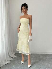 Rafferiza Váy không tay họa tiết hoa 3D phong cách nghỉ dưỡng dành cho nữ - Màu vàng - Xem 4