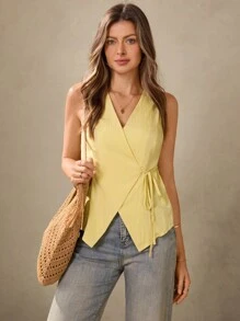 Wildy Casual American Country Style Cream Yellow Vest With Thin Straps, Suitable For Teachers, Office Commute, Vintage Look Yellow Summer Top Women Summer Blouse Top Light Yellow Top Yellow Tie Top Wrap Top Yellow Wrap Top Criss Cross Top Women Yellow Summer Top Western Wear Women Country  Teacher Outfits For Women - Yellow - View 1