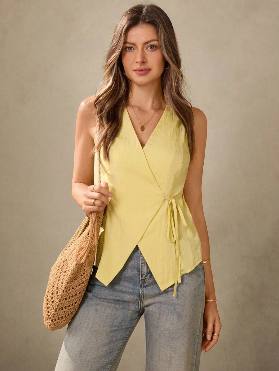 Wildy Casual American Country Style Cream Yellow Vest With Thin Straps, Suitable For Teachers, Office Commute, Vintage Look Yellow Summer Top Women Summer Blouse Top Light Yellow Top Yellow Tie Top Wrap Top Yellow Wrap Top Criss Cross Top Women Yellow Summer Top Western Wear Women Country  Teacher Outfits For Women - Yellow - View 1