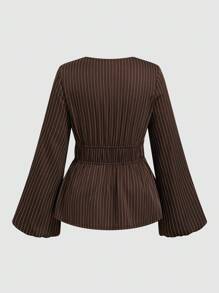 Sweetra Blusa casual, de uso diario, para ir al trabajo, para citas elegantes y relajada con mangas acampanadas, cintura ceñida, escote profundo en V y abertura lateral, a rayas en marrón y blanco, talla grande - Marrón - Ver 2