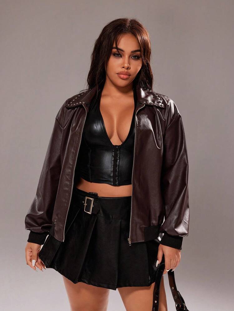 Rustia Plus Size Women Street Fashion Rivet Design Jacket Winter Fall Autumn - Multicolor - View 5
