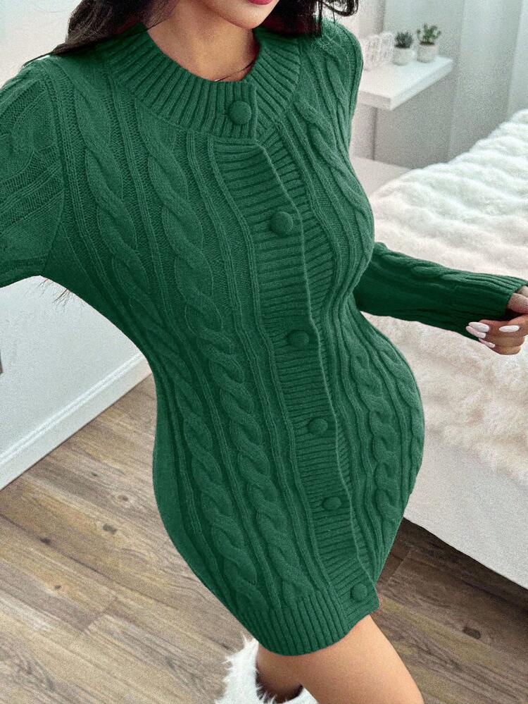 EURMUSE 女式圣诞麻花针织修身单排扣毛衣裙 - 墨綠色 - 查看 7