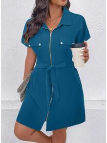 SHEIN LUNE Plus Size Women's Solid Color Batwing Short Sleeve Zipper Front Casual Dress