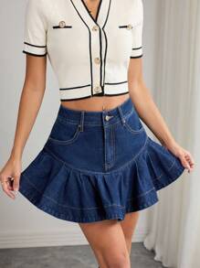 Elenzga 夏季休闲荷叶边牛仔短裤 - 深色水洗藍 - 查看 6