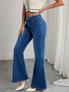 Elenzga Quần jeans ống loe ôm vừa vặn, giặt thường ngày dành cho nữ - Màu xanh lam - Xem 6