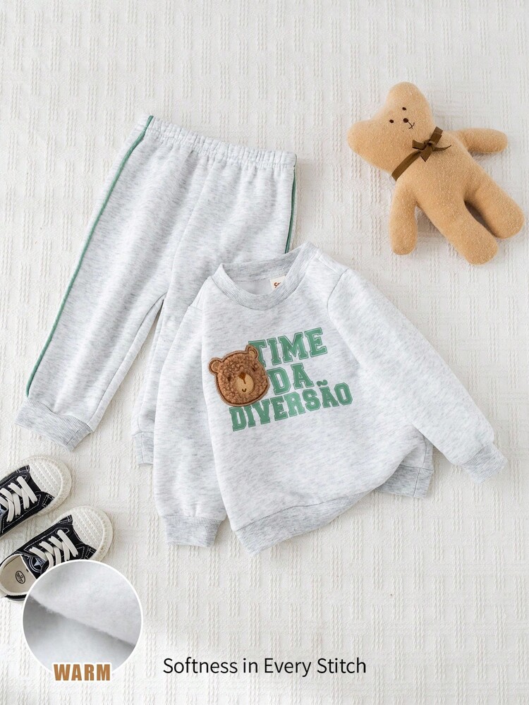 Cozy Pixies 2 件套男婴卡通熊图案针织柔软圆领长袖套头衫和松紧腰裤套装 - 彩色 - 查看 4