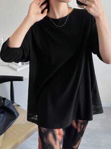 FRIFUL 女士黑色圆领插肩袖撞色蕾丝宽松休闲长袖T恤，适合外出，秋季 - 黑色 - 查看 4