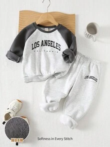 Cozy Pixies 2pcs/Set Young Boy Letter Pattern Knit Soft Round Neck Long Sleeve Pullover Top And Elastic Waist Pants Fall Winter