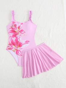 SHEIN Tween Girl Floral Print Spaghetti Strap One-Piece Swimsuit With Solid Color Mesh Skirt