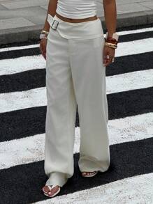 SHEIN EZwear 大码休闲简约风格米色纽扣开合裤 - 米色 - 查看 4