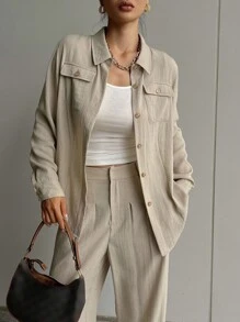 DAZY 2 Stücke Damen Lässig Vintage Münzen Muster Langarm Top und Weite Bein Hose Set Loungewear für Frauen - Aprikosenfarben - Übersicht 6