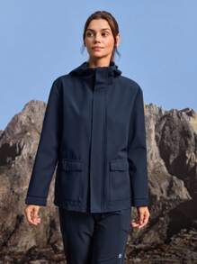 In My Nature 女士休闲纯色简约双口袋连帽户外风衣 - 藏蓝色 - 查看 3