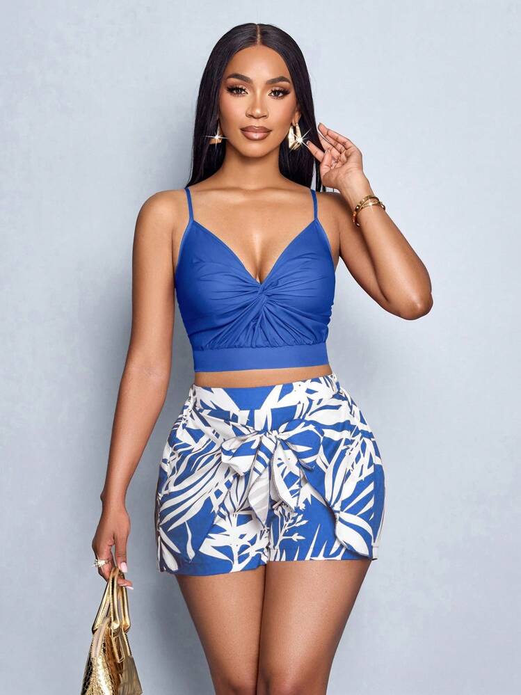 Spring And Summer Women's Sleeveless Spaghetti Strap Twist Front Gathered Open Back Top And Tie Front Panel Shorts Woven 2-Piece Set, Brick Red Floral Print - Blue and White - View 1