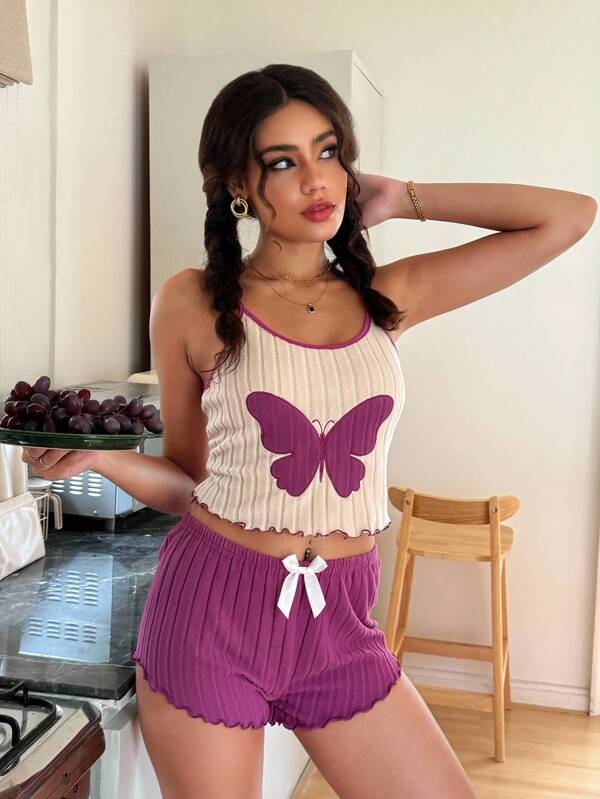 ZzzCrew Bow Decor Butterfly Embroidered Camisole & Shorts Pajama Set Women Short Sets Summer Two Piece Summer Set 2 Piece Short Sets Woman Butterfly Two Piece Set Purple Short Sets