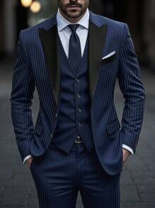 Calvornis 男士条纹翻领长袖夹克和裤子商务套装，老款风格 - 藏蓝色 - 查看 3