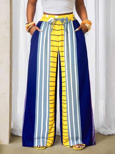 BamGleam 2025 Summer New Wide Leg Sexy Color Blocked Casual Pants With Pockets Suitable For Parties And Holidays  Soft Orange & Blue Fall Cloth For Women