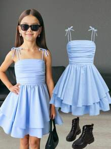 Tween 女童编织纯色泡泡褶双层连衣裙休闲吊带法式仙女裙，度假 - 淺藍色 - 查看 6