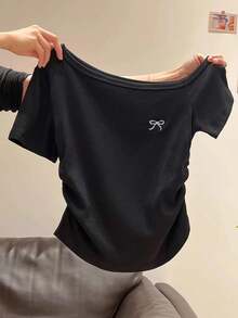 INAWLY Women's Summer New Sexy Asymmetrical Shoulder Bowknot Embroidery Ruffle Slim Fit Revealing Shoulder T-Shirt - Black - View 2