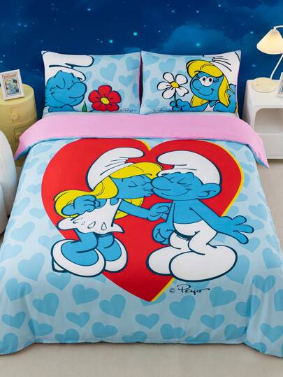 SHEIN X The Smurfs 3pcs Cute Cartoon Heart Graphic Bedding Set,Suitable For Single Bed/Double Bed/Queen Bed/King Bed, Dormitory/Home