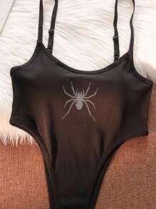 SHEIN EZwear 万圣节休闲蜘蛛印花性感女式紧身衣，适合派对、万圣节、Y2K 风格 - 黑色 - 查看 4
