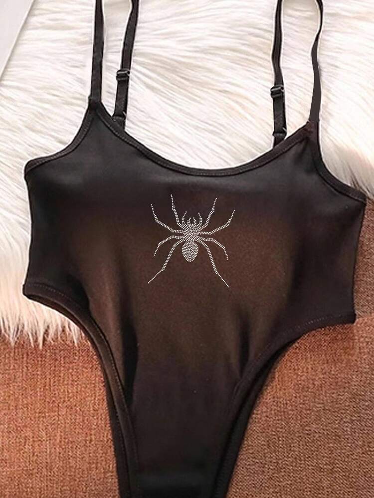 SHEIN EZwear 万圣节休闲蜘蛛印花性感女式紧身衣，适合派对、万圣节、Y2K 风格 - 黑色 - 查看 4