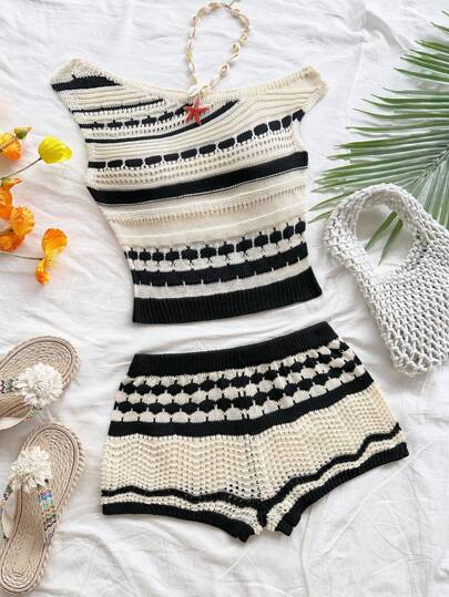 Soleia New Gradient Knit Yarn Oblique Shoulder 2 Pieces Set, Suitable For Young People On Vacation, Afternoon Tea, Beach, Seaside, Etc. Knit Two Piece Set Crochet Two Piece Set Striped Two Piece Set Summer Two Piece Set Knit Shorts Set Women's Sweater,Party