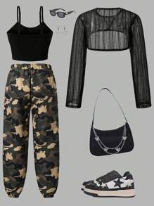 SHEIN Teen Girls Crop Mesh Top & Cami Top & Camo Print Pants - Multicolor - View 2