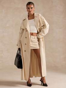 SHEIN BAE 女士纯色时尚双排扣翻领休闲夹克 - 杏色 - 查看 2