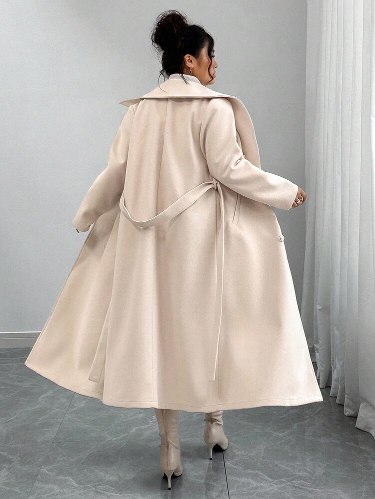 Elenzga Plus Size Women's Solid Color Tie Waist Double-Breasted Long Sleeve Elegant High-Quality Romantic Long Woolen Coat Beige Coat Winter Coat Women Neutral Coat Women Trench Coat Classic Women Coat Winter Autumn Fall - Apricot - View 2