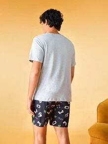 Men Slogan Graphic PJ Set / Pajama Set - Multicolor - View 2