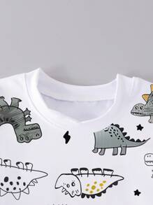 SHEIN Playful Pals 两件套男婴休闲可爱卡通恐龙印花短袖圆领T恤和短裤套装，适合日常外出和居家玩耍，夏季恐龙男婴套装 - 彩色 - 查看 6