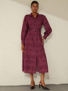 Aveloria Modichic Solid Color Hollow Embroidery Cinched Waist Front Long Sleeve Shirt Dress - Burgundy - View 4