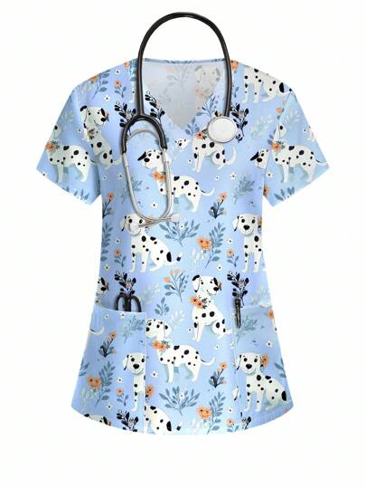 PopScrub Kreskówka Szczeniak Nadruk Krótki Rękaw Kobieta Pielęgniarka Uniform Top