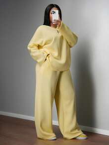 Slaydiva 两件套春夏度假休闲粉色长袖宽松圆领上衣和阔腿直筒口袋裤，柔软面料大码女式运动套装黄色两件套女士舒适两件套针织两件套两件套 - 黃色 - 查看 5