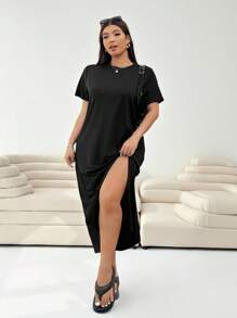 Solflare Casual Versatile Black Split Short Sleeve Plus Size Dress - Black - View 4