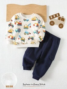 Cozy Pixies 2 件套男婴卡通鹤图案针织柔软圆领长袖套头衫和松紧腰裤套装 - 彩色 - 查看 10