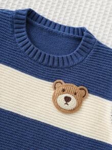 Cozy Pixies Baby Boy Cartoon Bear Striped Pattern Crew Neck Long Sleeve Sweater,In Fall/Winter