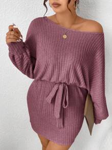 SHEIN Frenchy Plus Size Casual & Commute Solid Color Batwing Sleeve Dress,Fall Clothes For Women - Red Violet - View 5