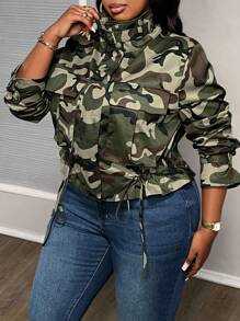 SHEIN CURVE+ Curves 大码/学校服装/返校服装/返校女士大码迷彩印花抽绳下摆夹克，秋季休闲外套迷彩夹克大码迷彩夹克女式迷彩夹克女式大码迷彩外套女式秋装、冬季、CURVE PLUS - 彩色 - 查看 3