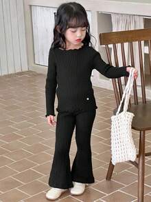 Dazy Kids Young Girl Frill Trim Crew Neck Long Sleeve Sweater And Flared Knit Pants Casual Outfit - Black - View 5