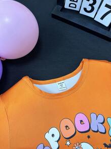 Conjunto de pijama de pantalón y manga corta con estampado de dibujos animados naranja de Halloween para niñas pequeñas - Multicolor - Ver 6