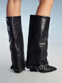 CUCCOO GRLICON 女式黑色拼布牛仔靴，尖头休闲靴 - 黑色 - 查看 6