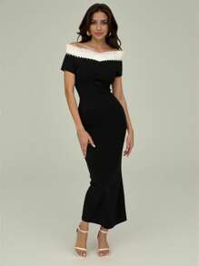 Modelyn Vestido largo ajustado con detalle de volantes de cuentas y hombros descubiertos - Negro - Ver 7