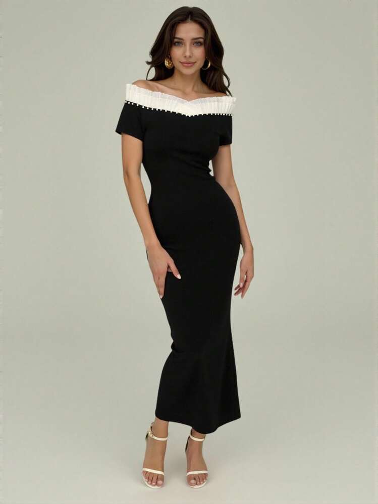 Modelyn Off-The-Shoulder Beaded Ruffle Detail Slim Fit Long Dress - Black - View 6