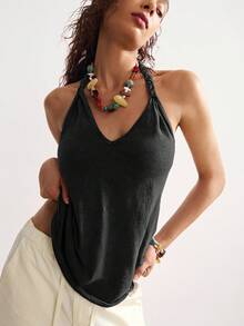 Bohemela Damen Lässig einfarbiges Strick Loose Fit Tank Top, Damen Tank Tops Sommer, Damen Boho Tank Top, Damen Trägertops - Schwarz - Übersicht 1