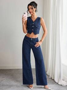 Elenzga Conjunto de chaleco y pantalones de mezclilla de moda para mujer, para verano - Azul lavado oscuro - Ver 3