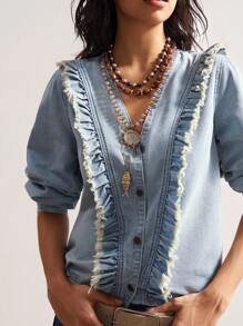 Bohemela 波西米亚西部牛仔乡村度假休闲梭织V领长袖荷叶边下摆女式衬衫 - 藍色 - 查看 1