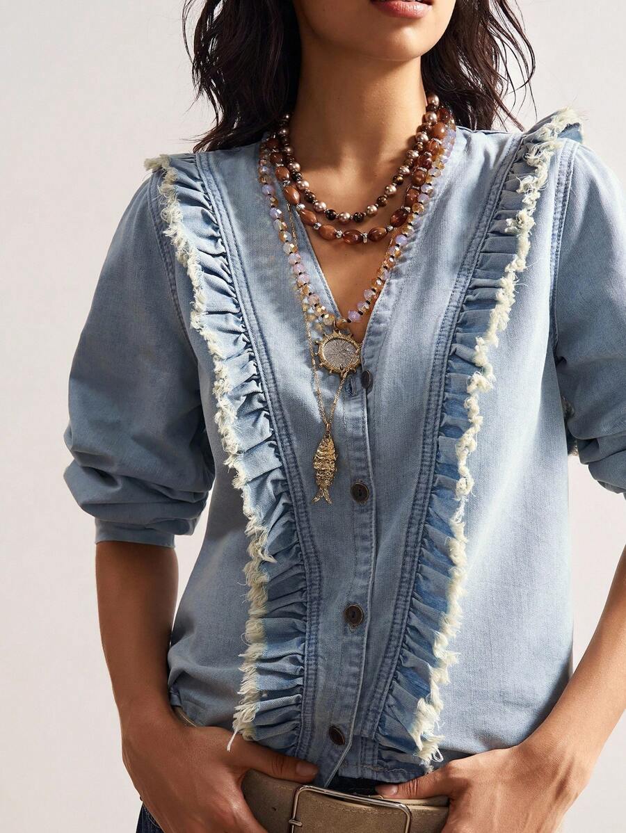 Bohemela 波西米亚西部牛仔乡村度假休闲梭织V领长袖荷叶边下摆女式衬衫 - 藍色 - 查看 1