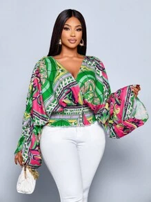 SOLERSUN Plus Size Women's Casual V-Neck Loose Floral Print Long Sleeve Blouse, Versatile Top For Commuting, Dating, Office, Vacation - Green - View 1