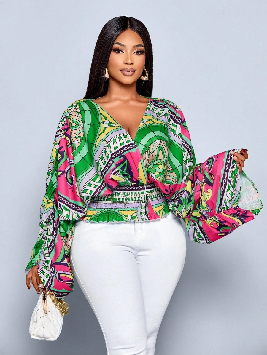 SOLERSUN Plus Size Women's Casual V-Neck Loose Floral Print Long Sleeve Blouse, Versatile Top For Commuting, Dating, Office, Vacation - Green - View 1